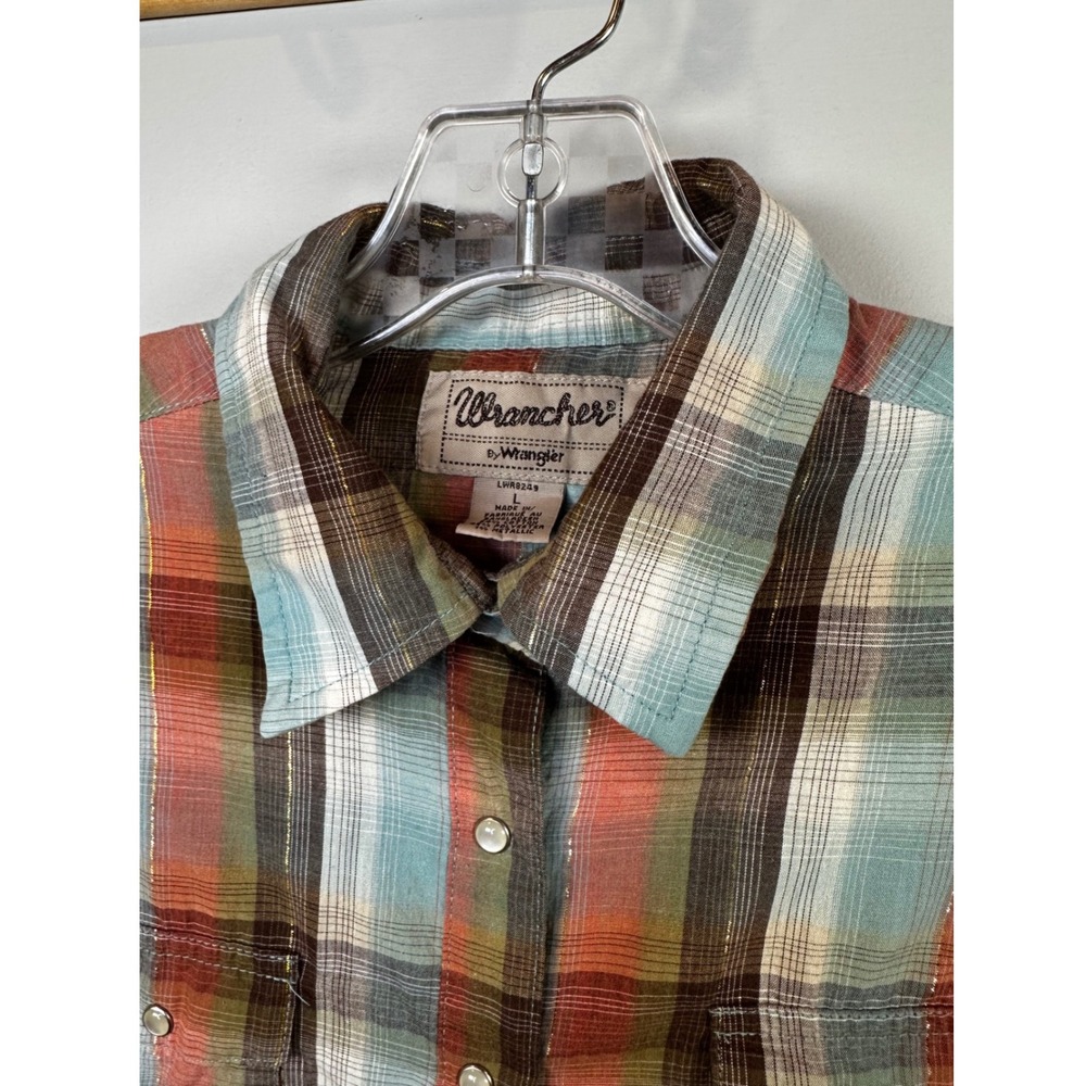 Wrangler Western Plaid Pearl Snap Long Sleeve Shirt Women's Medium Metallic - Picture 3 of 5